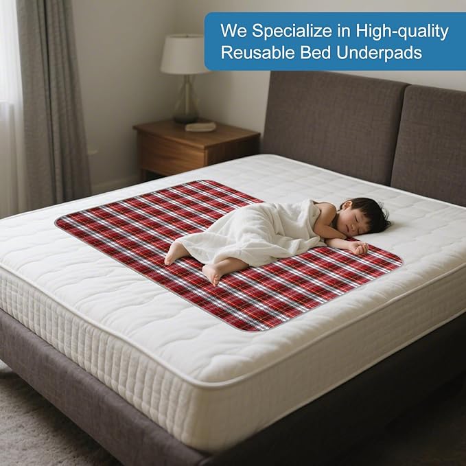 OUTCREATOR® Washable Bed Pads 34" x 54" (Pack of 2) for Incontinence Mattress Protector, Reusable Underpads for Elderly, Adults, Kids, Pets with Anti-Slip Bottom (Red Plaid)