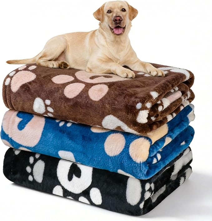 Premium Dog Blankets for Large Dogs & Cat Flannel Blanket Washable, Soft Pet Throw Cover for Kennel Crate Bed, Cute Paw Pattern, 41x31 inch,Blue/Black/Brow
