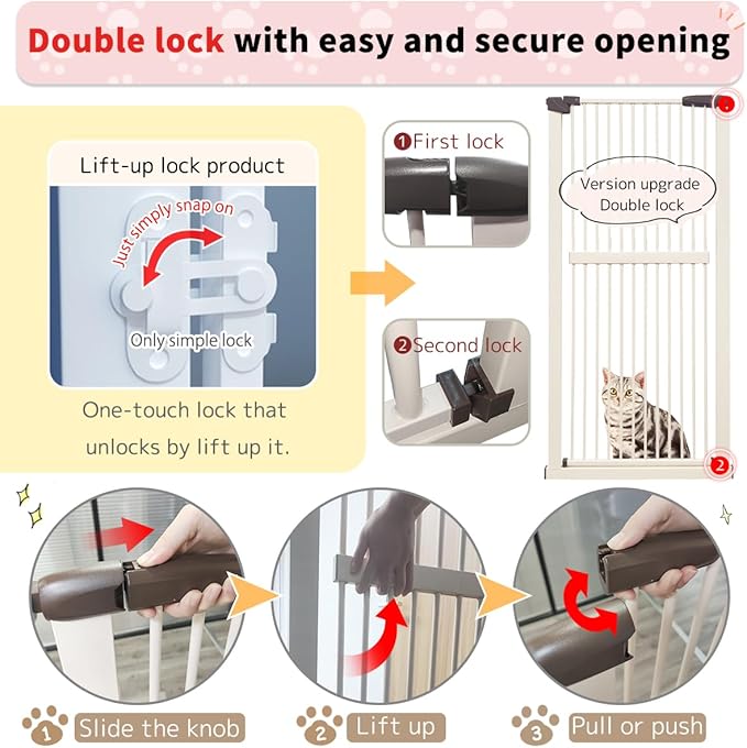 Lumizone Extra Tall Cat Gate 61.02" High Pressure Mounted Extra Wide 38.39"-59.24" (17Sizes) 1.37" Gap No Drilling Auto-Close Tall Pet Gate for Dogs (Cream, 30.12"-59.24" W)