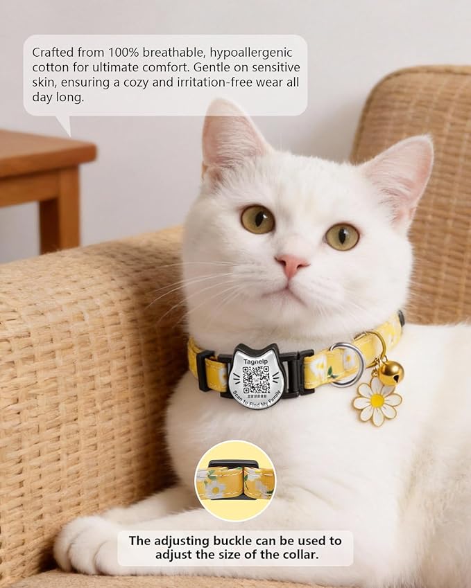 Breakaway Cat Collar with QR Code ID Tag, Adjustable Cotton Kitten Collar with Bell, Scan to Find My Family Personalized Pet Info, Cute Flower Design for Indoor Outdoor Cats,Flower Pendant(Yellow)