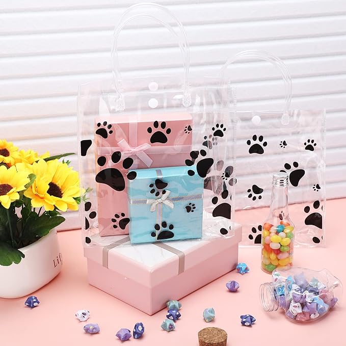Teling 20 Packs Dog Paw Clear PVC Gift Bags with Handle Reusable Plastic Wrap Tote Bags Transparent for Puppy Pet Treat Party Favor Birthday Wedding Party, 8 x 8 x 3.15 Inch(Black)