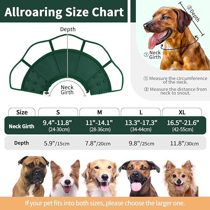 Allroaring Dog Cone Collar, Soft Dog Cones for Medium Dogs After Surgery, Adjustable Pet Cone for Dogs to Stop Licking, Breathable Doggie Elizabethan Collar for Wound Care Spay Neuter, Green M