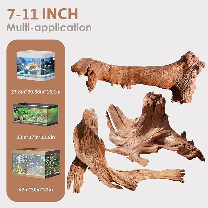 Jorewood Natural Aquarium Driftwood for Fish Tanks & Reptile Terrariums – Safe Fish Tank Decorations, Unique Twisted Branches 3-Piece 7-11 Inch Low Tannin, Easy to Sink