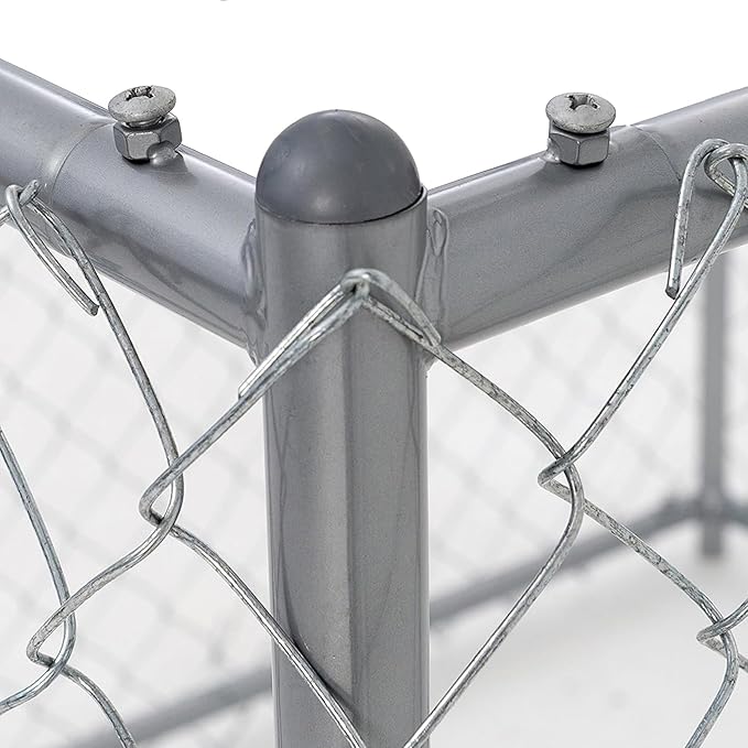 Lucky Dog Heavy Duty Outdoor Galvanized Chain Link Dog Kennel Enclosure with Latching Door, 1.5 Inch Raised Legs, and Adjustable Configuration, Silver