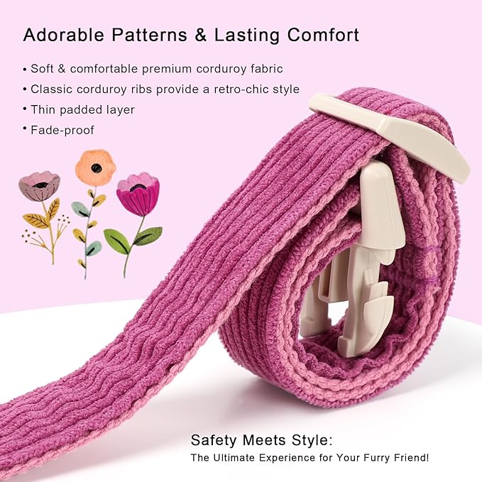 Cute Corduroy Dog Collar - Fuchsia Adjustable Dog Collars for Medium Dogs 25-50lbs, Fade-Proof with Secure Snap & Little Charm, Christmas Birthday Gift, M