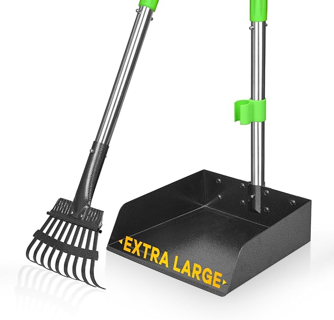 TOOGE Larger Pooper Scooper for Large Dogs, Dog Pooper Scooper for Large Medium Small Dogs Long Handle Stainless Metal Tray and Rake Set Heavy Duty