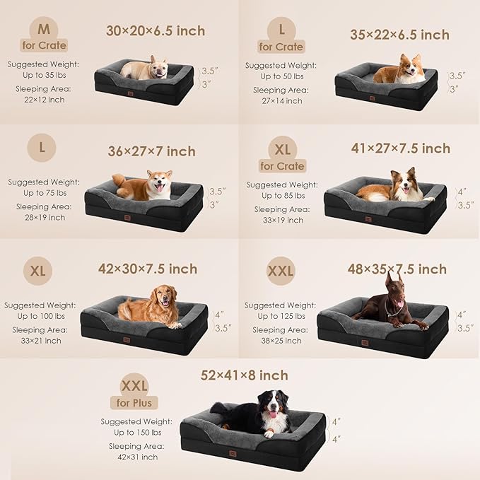 EHEYCIGA Orthopedic Dog Bed for Large Sized Dog, 36x27x7 Inch Large Memory Foam Dog Couch Bed with Sides, Waterproof Liner & Washable Removable Cover, Bolster Pet Sofa, Grey/Black