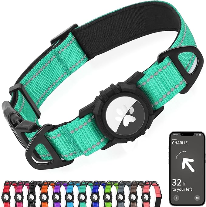 Joytale Airtag Dog Collar, Reflective Pet Collar with Waterproof AirTag Holder, Dual D-Rings, Soft Padded Adjustable for Large Dogs, Teal, L