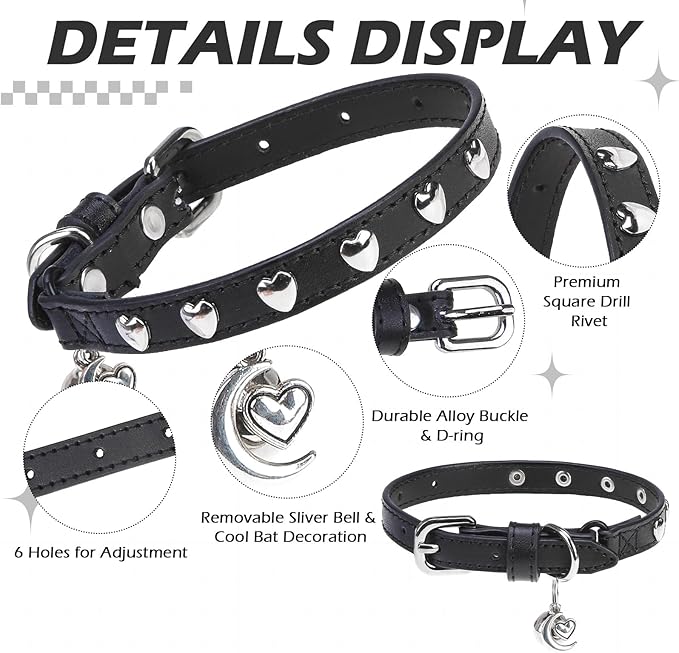 EXPAWLORER Leather Cat Collar for Girl Boy- Adjustable Pet Collar with Safety Elastic Belt,Personalized Heart Accessories Buckle Collars with Bell & Durable D-Ring,Heart (Black)