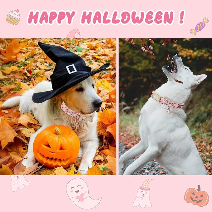 Halloween Dog Collar, Fall Dog Collars for Extra Small Dogs, Cute Pink Puppy Collar with Adorable Ghost & Pumpkin Design, Soft Cotton Extra Small Dog Collars Girl Boy Dog Collar-XS