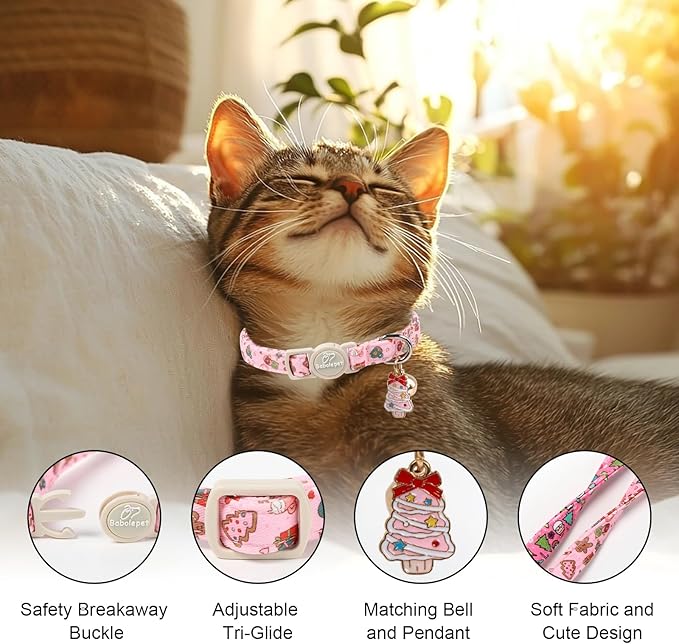2 Pack Christmas Cat Collars - Breakaway Cat Collar with Bell, Pink and Green Christmas Tree Pendant, Winter Adjustable Kitten Collars for Girl Boy Cats, Cozy Christmas
