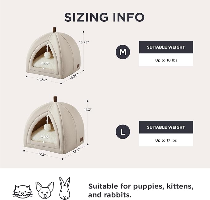 Bedsure Cat Beds for Indoor Cats- 2 in 1 Cat Cave House Tent for Kittens and Small Pets with Removable Washable Cushioned Pillow, Foldable Kitten Hideaway with Non-Slip Bottom, Beige, 16 inches