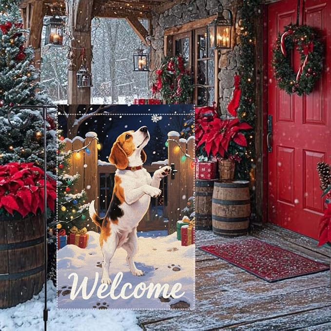 Beagle Dog Welcome Garden Flag 12x18 Inch Double Sided Christmas Burlap Yard Banner for Winter Holiday Outdoor Decor Farmhouse Seasonal Pet Decoration
