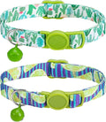 SOLMOONY Cute Cat Collar for Girl Boy,Colorful Breakaway Cat Collars with Bell 2 Pack，Adjustable Printed Nylon with Safety Buckles Kitten Collar (Cactus)