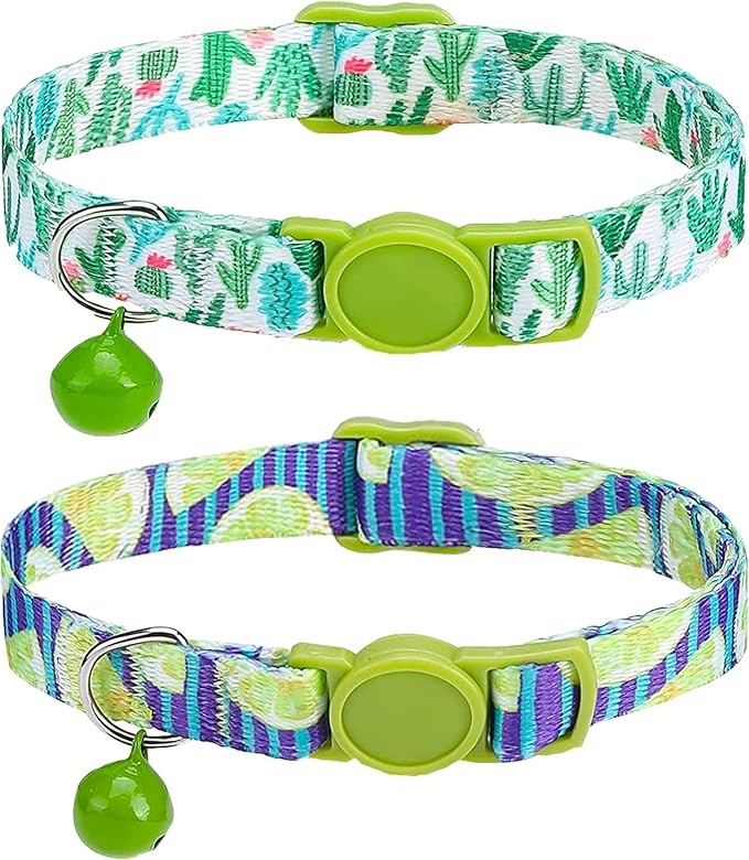 SOLMOONY Cute Cat Collar for Girl Boy,Colorful Breakaway Cat Collars with Bell 2 Pack，Adjustable Printed Nylon with Safety Buckles Kitten Collar (Cactus)