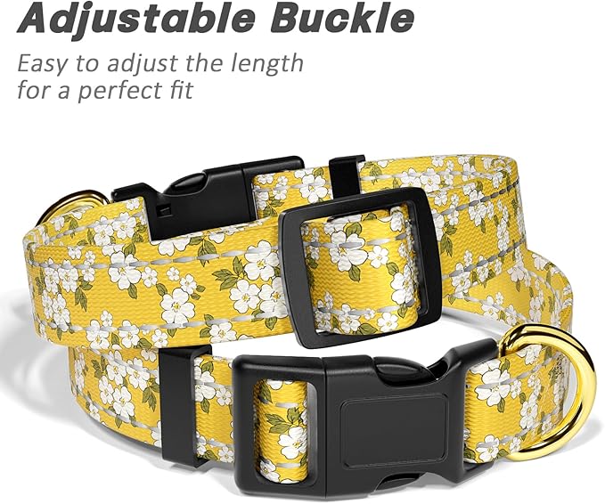Reflective Dog Collar for Extra Small Dogs, Cute Flower Theme Adjustable Heavy-Duty Nylon Puppy Collar for Boy and Girl Female, Soft Pet Accessories with Quick Release Buckle, Yellow