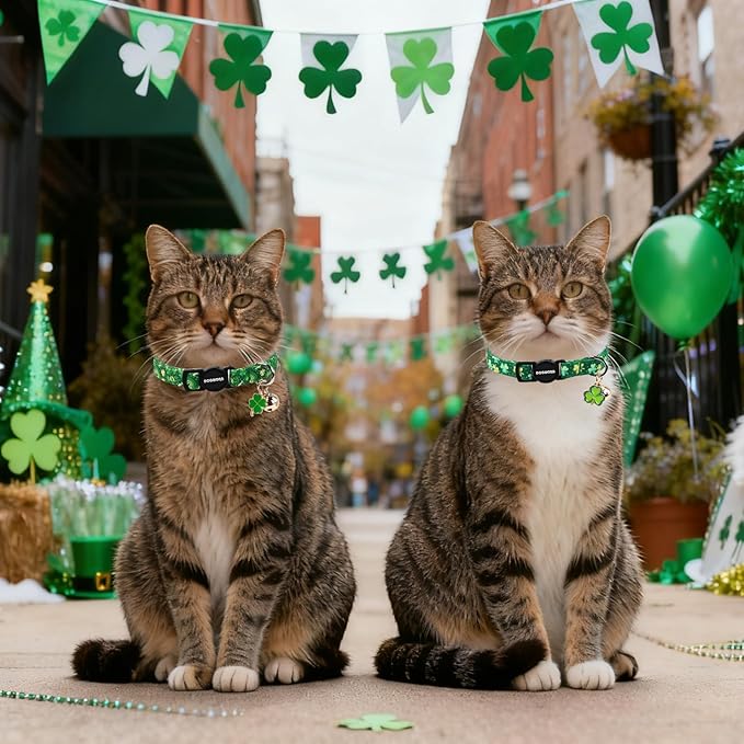 2 Pack St.Patrick's Day Kitten Collars,DOGWONG Cute Shamrock Breakaway Kitty Collars,Spring Green Trefoil Cat Collar with Bell, Lucky Clover Kitten Collars for Girl & Boy Cats