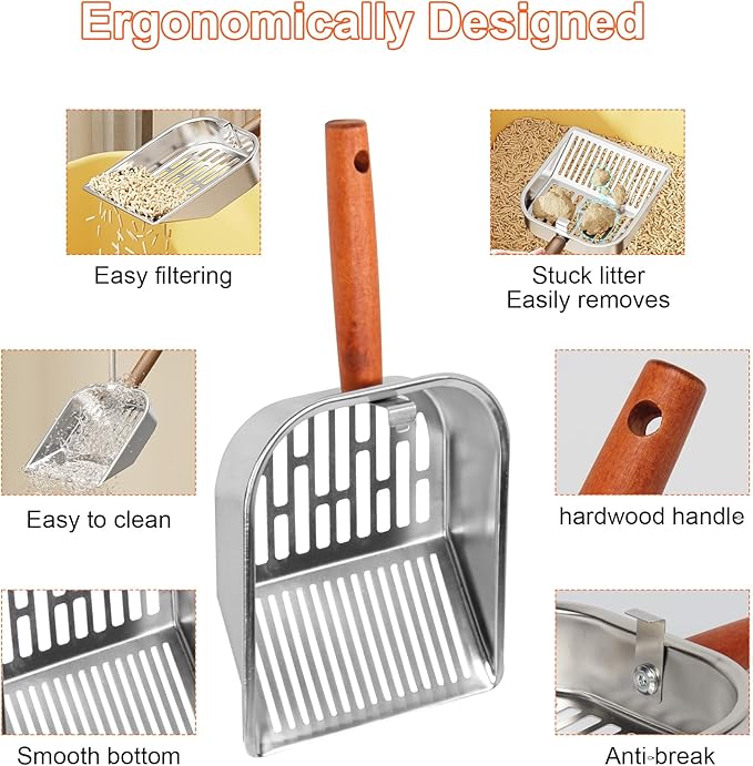 Stainless Steel Cat Litter Scoop with Holder, Kitty Poop Scooper Stand for Litter Box, Fast Sifting Non-Stick Cat Poop Scooper with Coarse and Fine Grids for All Litter Pan, Orange