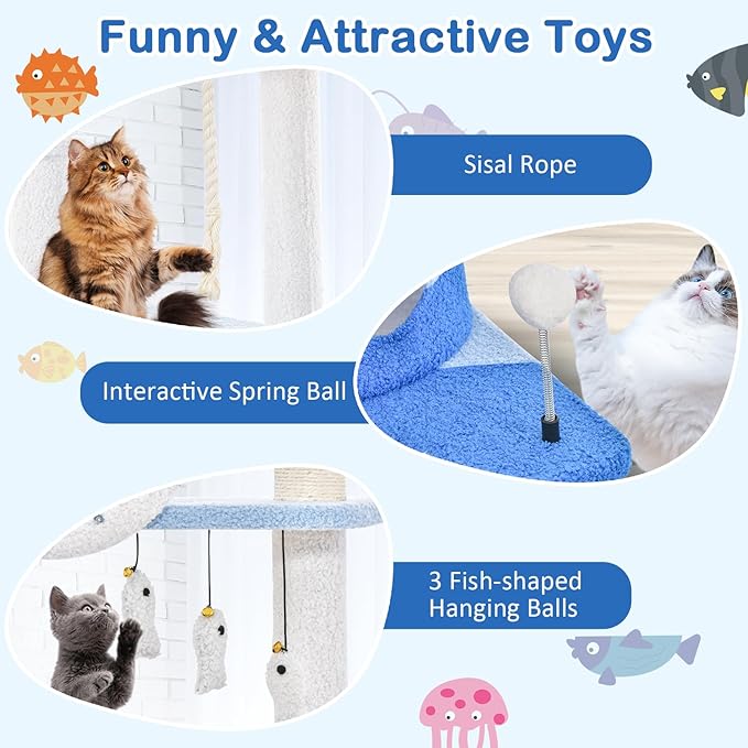 Tangkula Ocean-Themed Cat Tree, 3-Level Cat Tower with Sisal Scratching Posts, Condo, Perch, Hammock, Dangling Toys, Spring Ball, Sisal Rope, Cute Cat Activity Center for Indoor Cats (66 Inch)