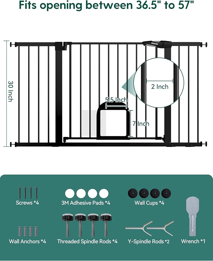 Babelio 36.5-57" Extra Wide Baby Gate with Cat Door, CatPrivilege Ⅲ, Auto Close & Two Way Swing, Pressure Mounted Dog Gates for Stairs, Doorways, Includes 4 Wall Cups and 3 Extension Pieces, Black