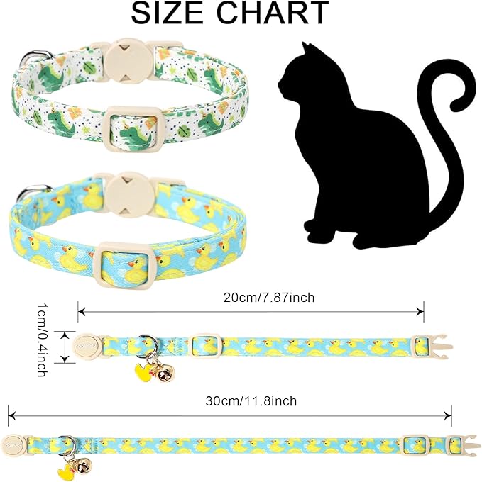 2 Pack Summer Duck Dinosaur Cat Collars Breakaway with Bell, DOGWONG Safety Buckle Duck Cat Collar for Girl Boy Cats，Adjustable 7-12 Inch