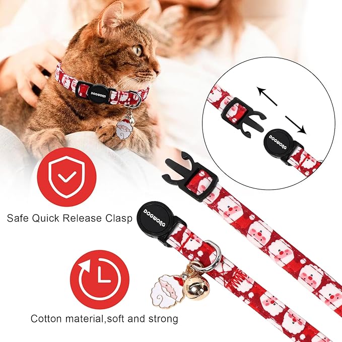 Cat Collar,2 Pack Cat Collars Breakaway with Bell, DOGWONG Safety Buckle Red Christmas Santa Cat Collar for Girl Boy Cats and Small Dogs，Adjustable 7-12 Inch,Pet Supplies Accessories