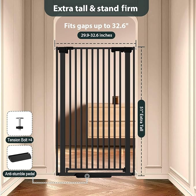 51'' Extra Tall Cat Gate Barrier for Doorways Hallways, Pressure Mounted Pet Dog Gates No Drilling Auto Close, Cat Fence Indoor Climb Proof 30-32.6'' Wide (Black)