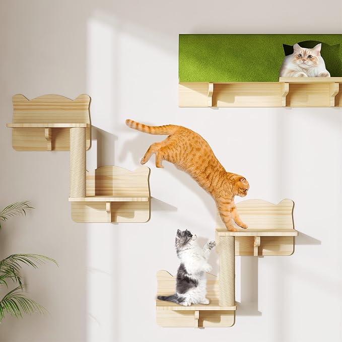7-in-1 Cat Wall Shelves and Perches, Floating Cat Shelves Set, Solid Wood Wall Cat Furniture(Set of 7), Cats Climbing Shelves with Bed, Steps, Scratching Post and Tunnel
