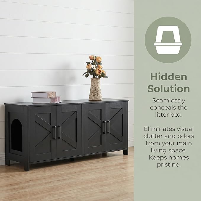 Homhedy Cat Litter Box Enclosure for 2 Cats, Litter Box Furniture Hidden with Double Room,Wooden Cat Washroom Furniture,Cat House,47.2”L x 19.7”W x 19.7”H,Black