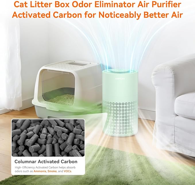 AIRROMI Air Purifier for Bedroom with HEPA 3-in-1 Filter, Pet Air Purifier for Home Cat Pee Smell, Covers Upto 990 Ft², Quiet 360°intake Air Cleaner for pet hair,allergies,Dust,Smoke A2001 Green