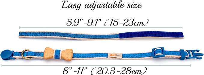 Pettsie Breakaway Cat Collar with Bow Tie and Matching Bracelet–Adjustable Cotton Kitten Collar with Safety Buckle for Cats and Small Pets–Cute Cat Gift for Owners and Cat Lovers, 8-11 Inches, Blue