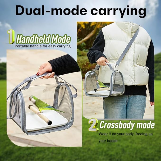 Portable Bird Travel Carrier with Breathable Mesh Windows Hands Free Parrot Backpack for Vet Visit Shopping Hiking, Clear View Small Pet Cage with Easy Clean Removable Tray and Perch