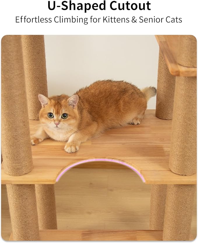 74" Wooden Cat Tree Tower for Large Cats, Multi-Level Cat Climbing Furniture with Scratching Posts, Cat Condo & Hammock, Natural Wood Cat Activity Center(Brown)