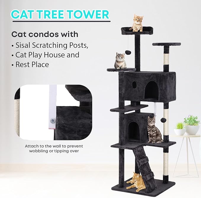 FDW | 70" Cat Tree Tower | Dark Gray | Multi-Level Indoor Activity Center with Sisal Scratching Posts, Condos, Plush Perches, Hanging Cat Toys | Sturdy, Easy to Assemble | for Kittens & Adult Cats