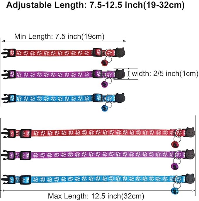 6 Pack Breakaway Cat Collar with Bells, Claw Print Design, Safety Buckle Kitten Collars, 0.4 Inches Width Lightweight, Adjustable 7.5-12.5 Inches Suitable for Girl Boy Cats