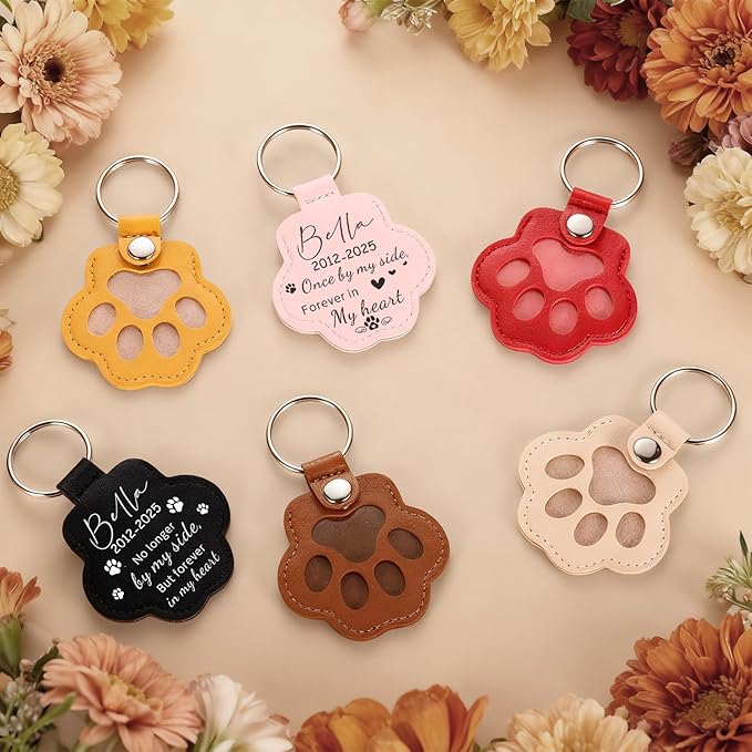 Eunigem Personalized Pet Hair Keychain for Dogs Cats-Custom Paw Keychains for Dog Hair-Shaped Leather Keychain,Pet Memorial Gifts Remembrance Accessory Refillable Keepsake for Bag or Key (Color-4)