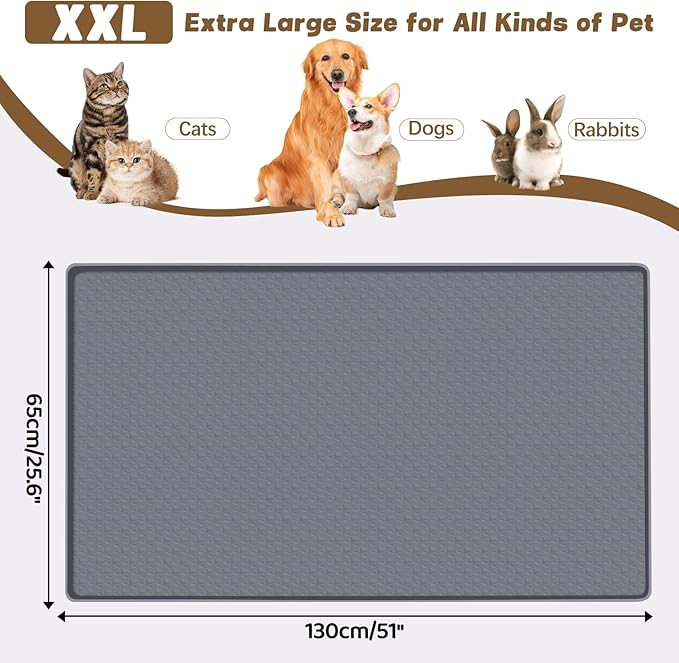 Cat Food Mat, 51" x 25.6" Extra Large Silicone Pet Feeding Mat with Raised Edge Pet Placemat for Food and Water Bowl Non-Slip, Easy to Clean, Floor Protection (Dark Grey)