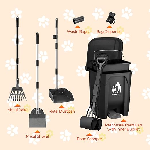 30L Dog Poop Trash Can Outside with Pooper Scooper, Inner Bucket, Stainless Steel Dustpan, Rake & Shovel, Waste Bags for Dog Poop Disposal
