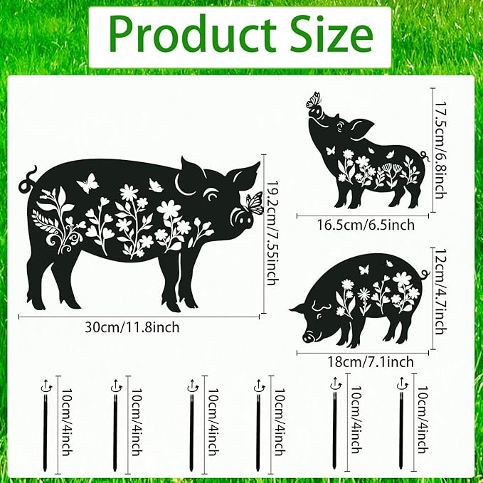 Pig Metal Garden Stakes Yard Decor, 3PCS Pig and Butterfly Silhouette Outdoor Garden Decor for Yard Art, Patio, Outside, Lawn Ornaments