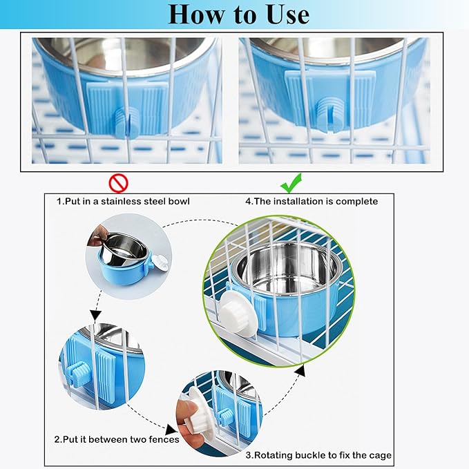 4 Pieces Crate Dog Bowl, Removable Stainless Steel Pet Kennel Hanging Food Water Feeder Bowl Cage Coop Cup for Puppy Medium Dog Cat Rabbit Ferret Bird