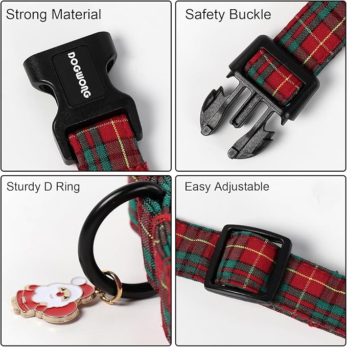 DOGWONG Christmas Plaid Dog Collar, Adjustable Red Tartan Collar, Scottish Red Grid Dog Collar with Strong Plastic Buckle for Small Medium Large Dogs,XS