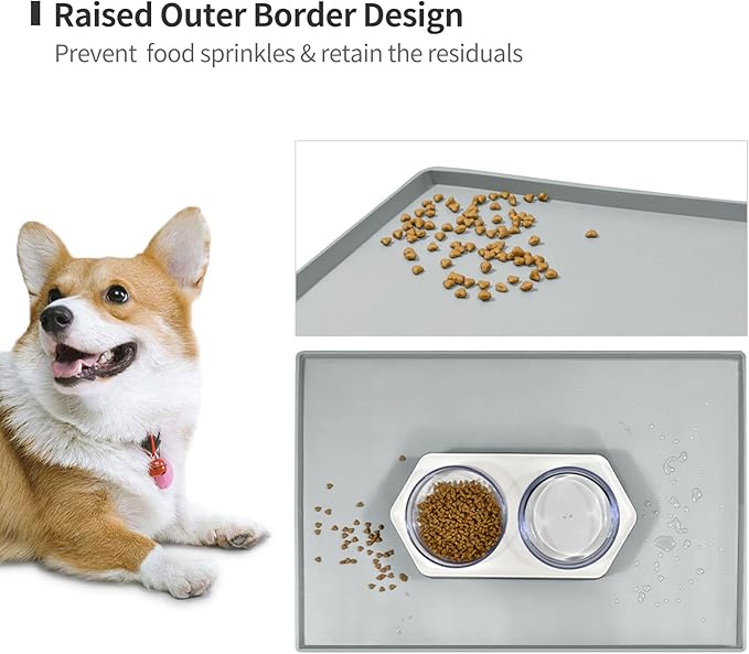 Dog Food Mat,Silicone Waterproof Food Tray,Non Slip Pet Bowl Mats Placemat,0.8" Raised Edge,Suitable for Most Small and Medium Sized Pets,28" x 18"