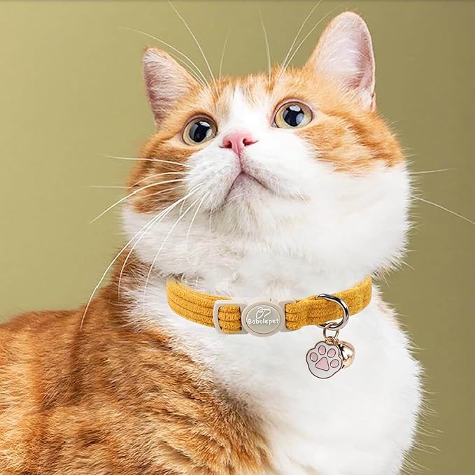 2 Pack Corduroy Cat Collars - Cute Breakaway Cat Collar with Bell and Paw Pendant, Soft Adjustable Fall Winter Kitten Collars for Girl Boy Cats, Yellow&White