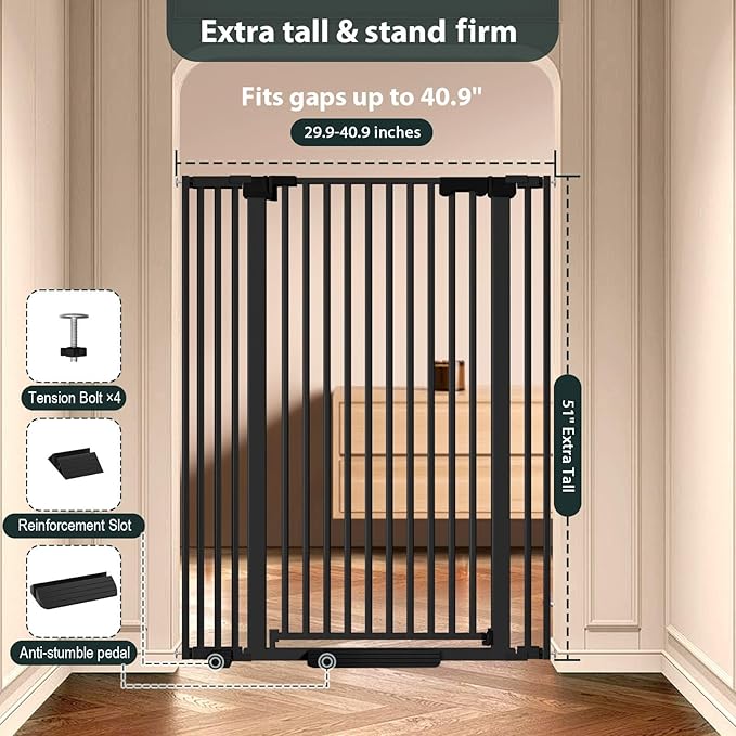 51'' Extra Tall Cat Gate for Doorways Hallways 30-40.9'' Wide, Pressure Mounted Pet Dog Gates No Drilling Auto Close, Cat Fence Barrier Indoor Climb Proof (Black)