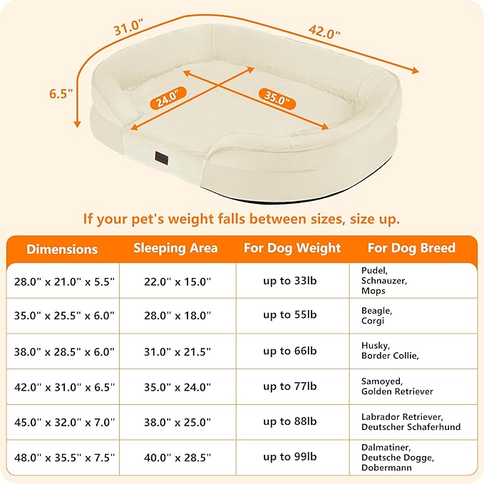 Dwanton Orthopedic Dog Bed for Large Dogs with Gel Memory Foam, Waterproof Dog Sofa, Washable Pet Bed with Four Sided Bolster Cushion, Removable Cover & Non-Slip Bottom, 42", Beige