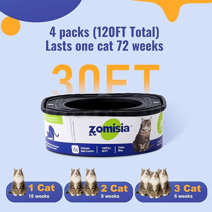 4 Pack Cat Litter Refill Bags, Non-See-Through Jumbo 120FT Cartridge Refill Total Up to Over 16 Months Per Cat for Odor Control, Compatible with Genie Standard, Plus, Style, Design