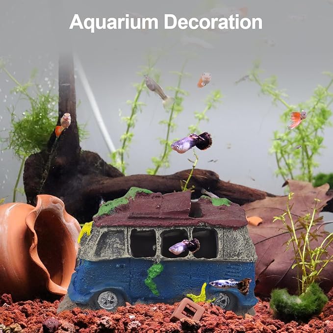 Aquarium Decorations for Fish Tank - Realistic Resin Rock Cave Hideouts, Safe Fish Tank Ornaments with Natural Design for Betta, Goldfish, Shrimp - Easy to Clean (School Bus)