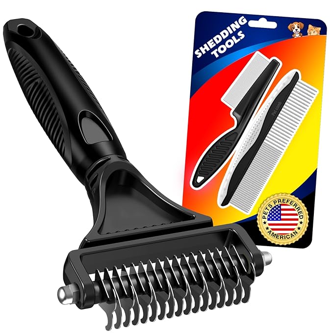 3PCS Pet Grooming Rake & Metal Comb & Flea Comb for Cats and Dogs, Double-Sided Dematting Tool, Extra-Wide Deshedding Dog Brush for Long Hair to Effectively Remove Tangles, Knots and Mats (Black)