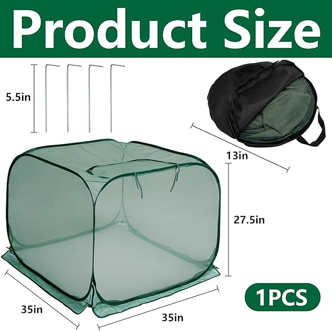 35" x 35" x 27.5" Pop Up Mesh Plant Cover, Foldable Plant Protector Mesh Plant Enclosure, Garden Net Cage Guard Cover with 4 Ground Stakes for Protecting Plant Vegetable Fruit from Birds Insects
