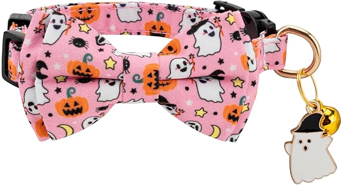 2 Pack Halloween Breakaway Cat Collar with Bow Tie and Bell for Boy Girl Cats,Cute Cotton Kitten Collar with Pink Ghost and Orange Pumpkin Pattern for Female Male Cats (Pink Ghost&Pumpkin)